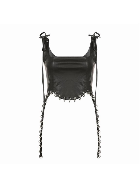 Square neck self tie PU leather o ring zip-up sleeveless crop top, Black, S
