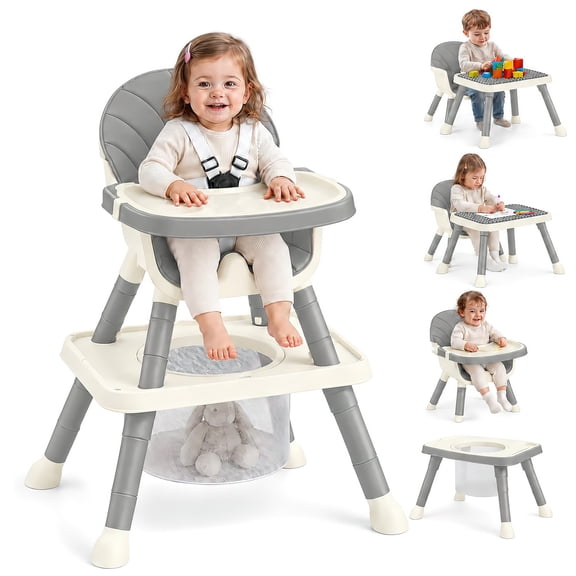 Halicool 7 in 1 Convertible Baby High Chair, Converts to Table and Chair Set, Removable Tray, 5-Point Harness, Storage Basket, Building Block Tabletop