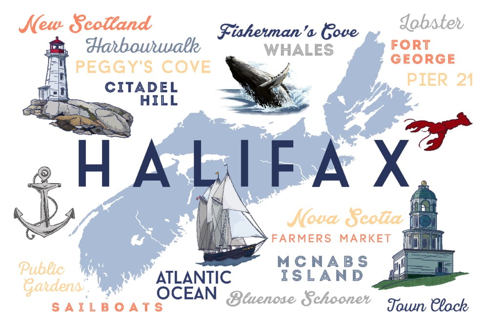 Halifax, Nova Scotia, Typography and Icons (9x12 Wall Art Print, Home