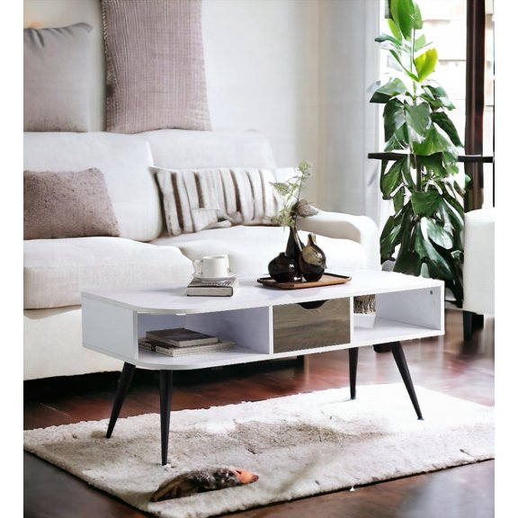 Halima Coffee Table in White & Black Finish, Having 1 Storage & 2 Open Compartments, with Metal Leg & Powder Coating