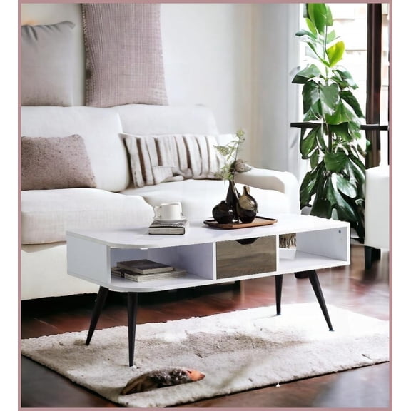 Halima White & Black Coffee Table - 1 Drawer + 2 Open Storage, Metal Legs, Easy Assembly & Space-Saving