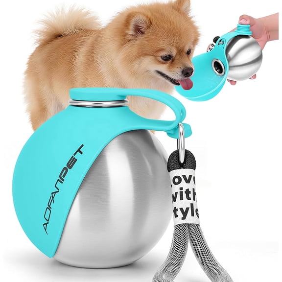 Halinfer 2-in-1 Portable Travel Stainless Steel Dog Water Bottle, Medium, Blue
