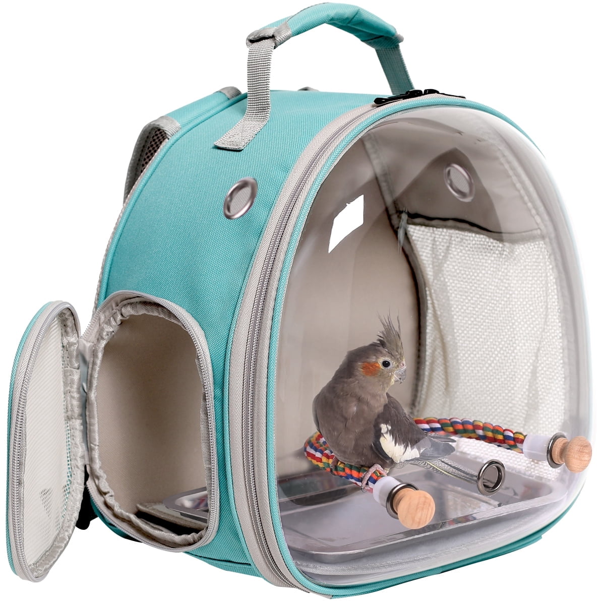 Halinfer Small Travelling Bird Carrier Backpack with a Bendable Rope Stand Perch and Metal Tray, Green, 6 lb Limit