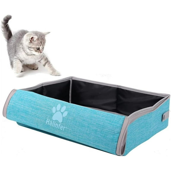 Halinfer Cat Travel Litter Box with Lid, Collapsible Car Cat Litter Box Waterproof and Easy to Clean