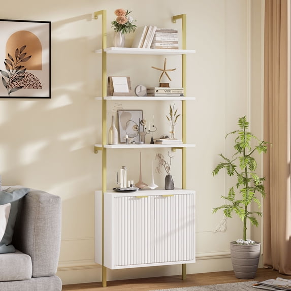 VEANERWOOD Fluted 5-Tier 71"H Industrial Bookshelf with Storage Cabinet & Sturdy Metal Frame,Narrow Bookcase for Living Room,Bedroom,Home Office, White