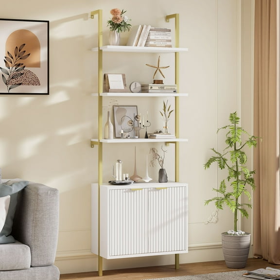 VEANERWOOD Fluted 5-Tier 71"H Industrial Bookshelf with Storage Cabinet & Sturdy Metal Frame,Narrow Bookcase for Living Room,Bedroom,Home Office, White