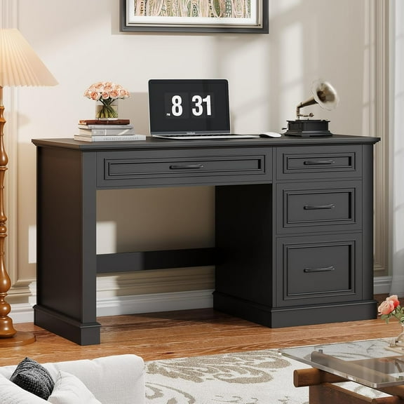 Halitaa Farmhouse 47" Executive Desk, Computer Desk with Drawers and File Drawer, Workstation Computer Desk with Charging Station for Home Office, Study.(Pure Black)