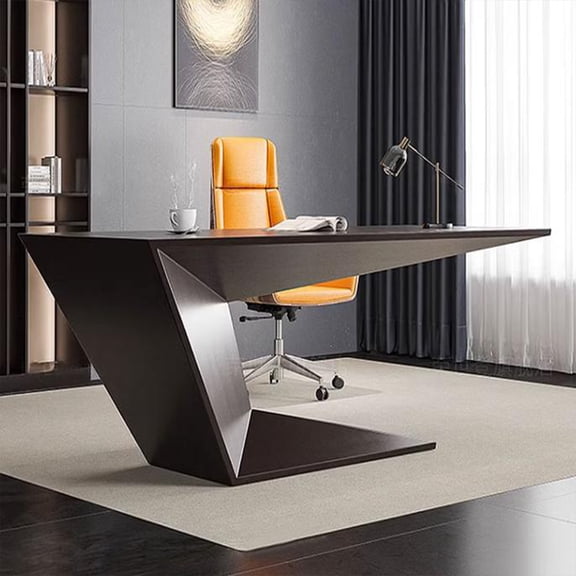 Halitaa Geometric Inverted Triangle Solid Wood Executive Desk, Dark Walnut Irregular Single Slant Base Large Writing Table, Modern Minimalist Luxury Boss Computer Desk