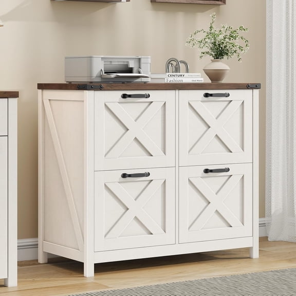 Halitaa Lateral File Cabinet with 4 Drawers, Farmhouse File Cabinet for Letter/A4 Size Hanging Files, Large Wood File Storage Cabinets Printer Stand for Home Office Cabinets, Rustic White and Brown