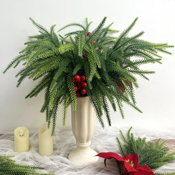 Haliyee 17.7" Christmas Norfolk Pine Branches with Red Berry Stems,Faux Cedar Spray Greenery Stems Christmas Pine Branch for Christmas Tree Decor,Mantel & Tabletop Centerpiece (1Pcs)