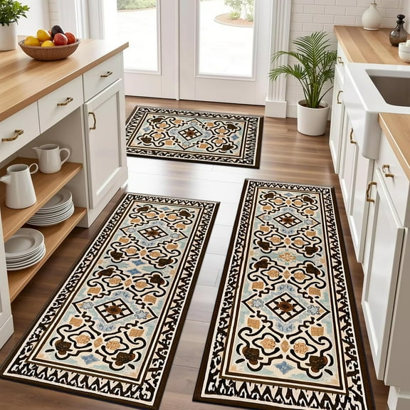 Haliyee Boho Kitchen Rug Sets 3 Piece Non-Slip Washable Rugs with Runner,Anti-Skid Floor Mats for Kitchen,Laundry Room,Hallway,Entryway - Soft Microfiber Water Absorbent Decor Rug Set,Medallion Design
