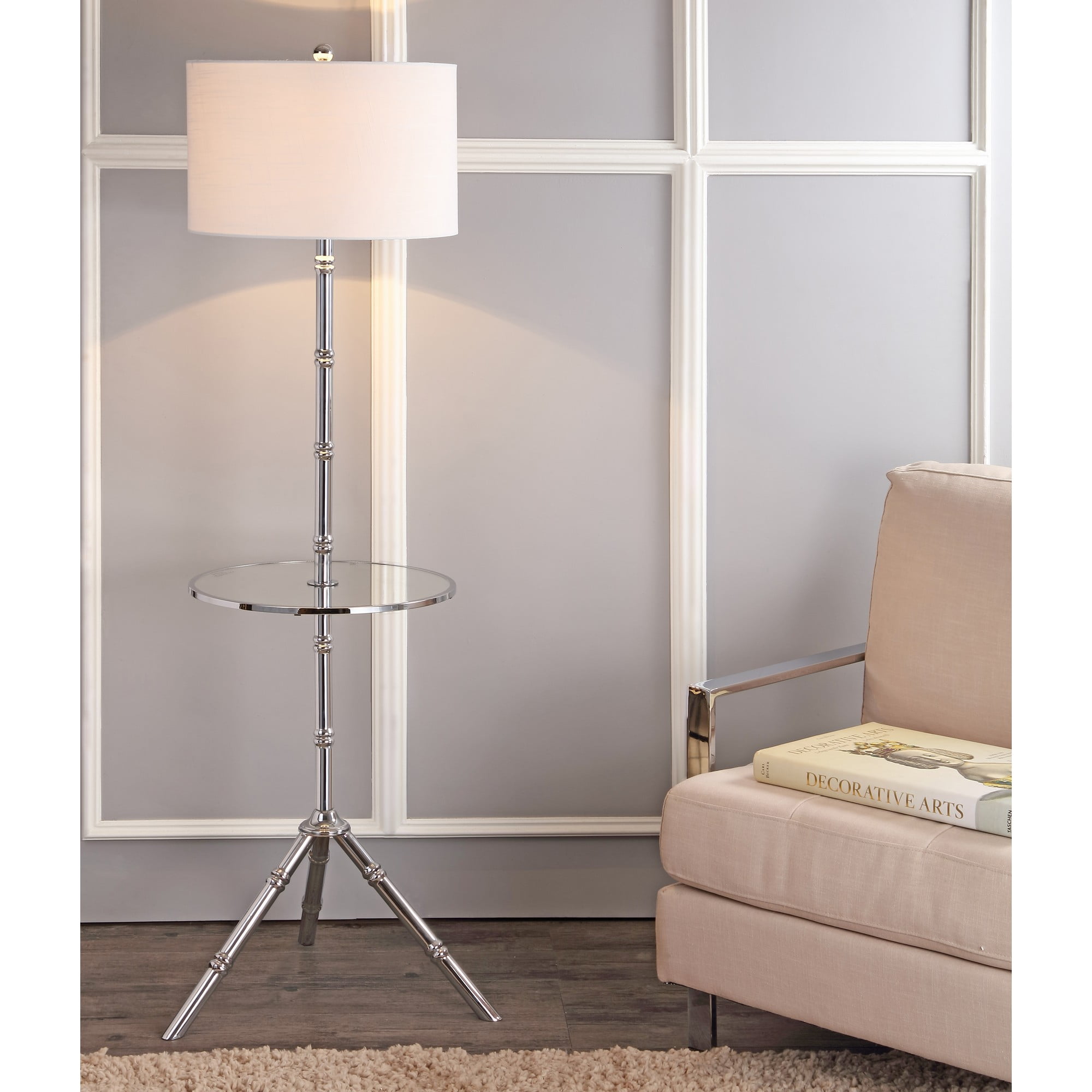 Chrome Tripod Floor Lamp with Drum Shade and Table