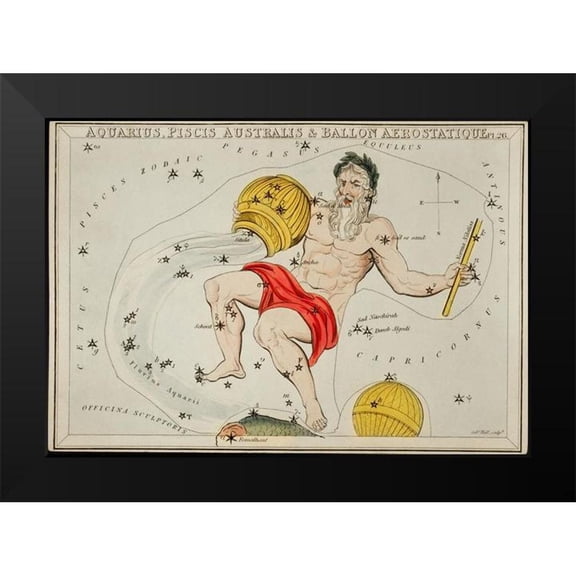 Hall, Sidney 14x11 Black Modern Framed Museum Art Print Titled - Astronomical chart illustration of the Zodiacs Aquaris-Piscis Australis and Ballon Aerostatique