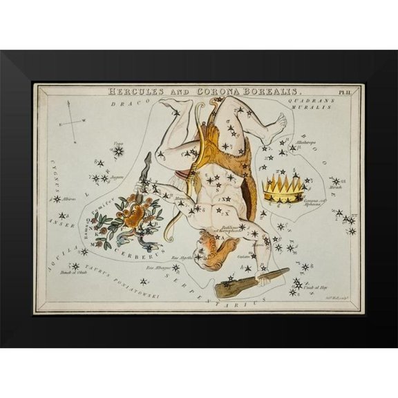 Hall, Sidney 14x11 Black Modern Framed Museum Art Print Titled - Astronomical chart illustration of the Hercules and the Corona Borealis