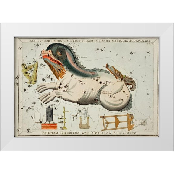 Hall, Sidney 14x11 White Modern Wood Framed Museum Art Print Titled - Astronomical chart illustration of the Psalterium Georgii-Fluvius Eridanus-Cetus-Officinal Scupltori