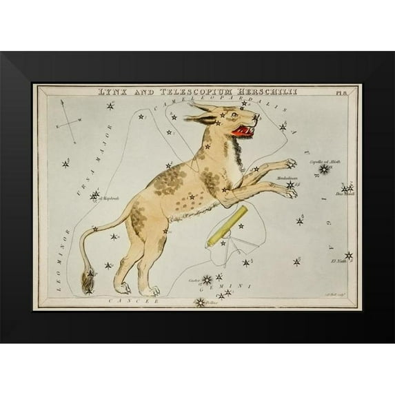 Hall, Sidney 24x18 Black Modern Framed Museum Art Print Titled - Astronomical chart illustration of Lynx and the Telescopium Herschilii