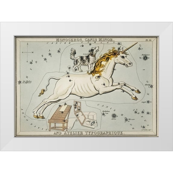Hall, Sidney 24x18 White Modern Wood Framed Museum Art Print Titled - Astronomical chart illustration of the Monoceros-Canis Minor and the Atelier Typographique