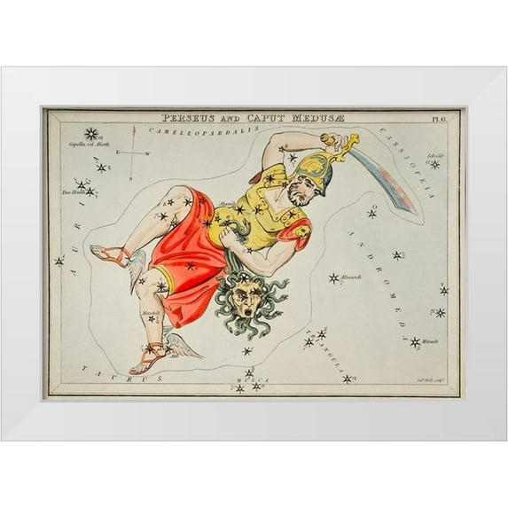 Hall, Sidney 24x18 White Modern Wood Framed Museum Art Print Titled - Astronomical chart illustration of the Perseus and the Caput Medusae