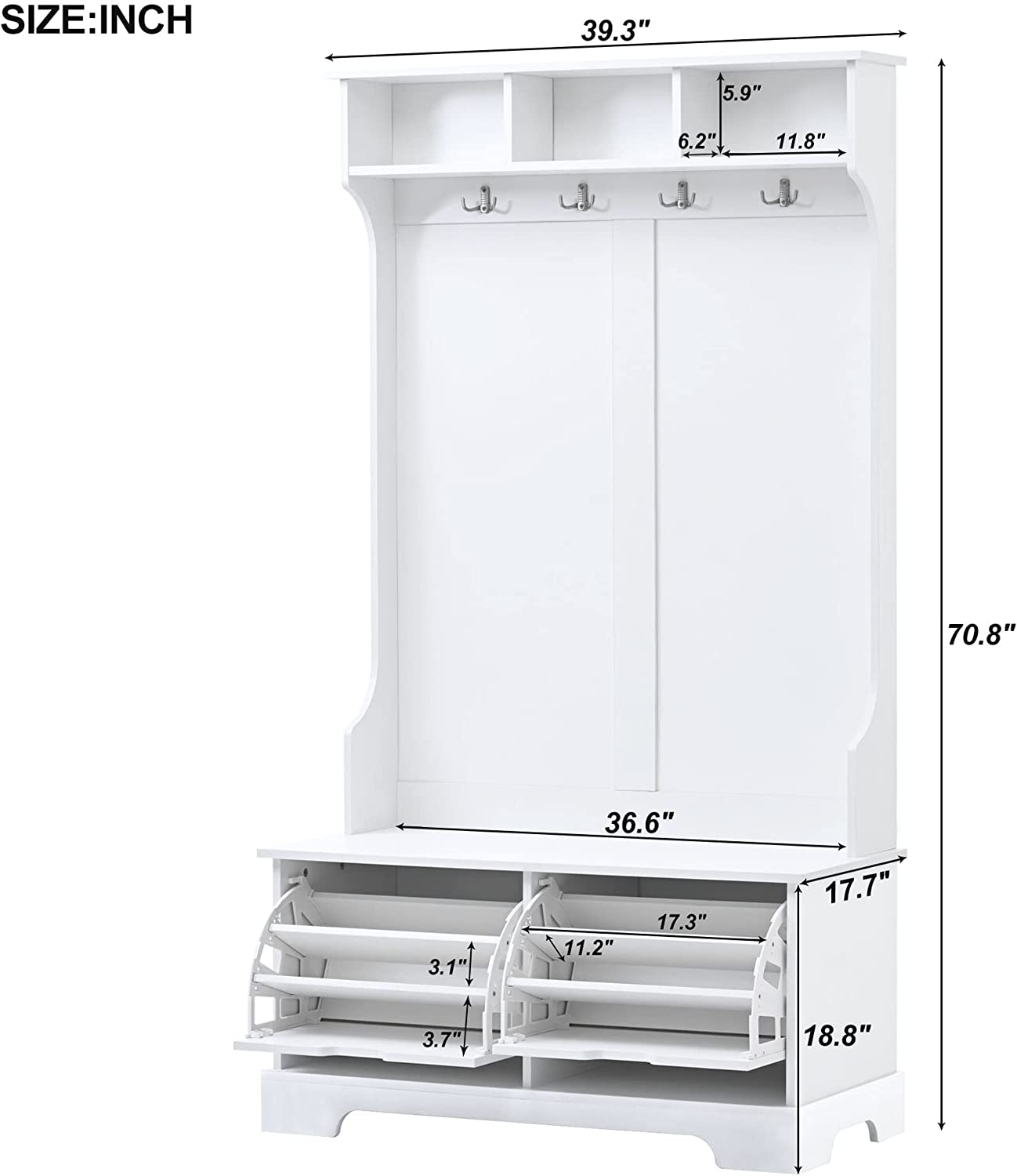 Hall Tree with 2 Flip Shoe Storage Drawers, 4 Metal Hooks, 3 Top