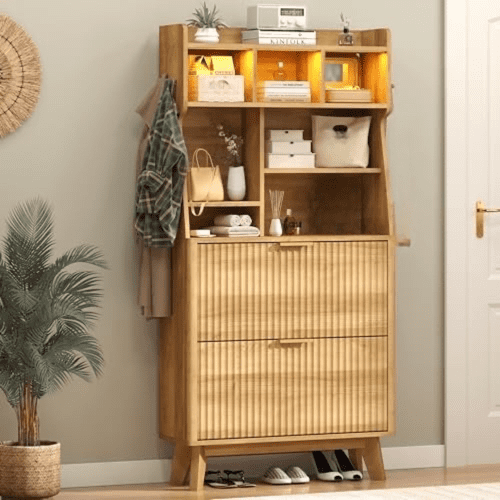 Hall Tree with 2 Height-Adjustable Flip-Top Shoe Cabinets, Rustic Style Entryway Coat Rack with LED Lights, Tall Entryway Coat Rack with 4 Coat Hooks & 7 Height-Adjustable Storage Compartments