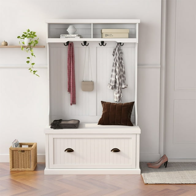 Hall Tree 3 In 1 with 4 Hooks and Shoe Cabinet, Entryway Storage Bench ...