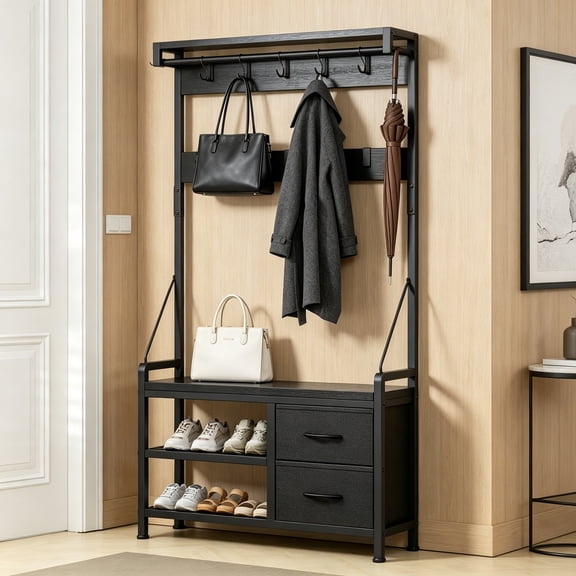 Hall Tree, 31.5 Entryway Bench with Coat Rack Freestanding, 5-in-1 Intelligent Design Shoe Bench and Wall Rack, 17 Hooks and Drawers, Black