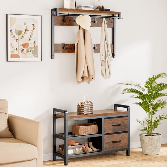 Hall Tree, 31.5 Entryway Bench with Coat Rack freestanding, 5 in 1 Intelligent Design Shoe Bench and Wall Rack 17 Hooks and Drawers (Rustic Brown)