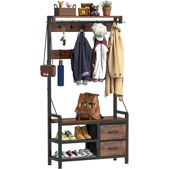 Hall Tree, 31.5 Entryway Bench with Coat Rack freestanding, 5 in 1 Intelligent Design Shoe Bench and Wall Rack 17 Hooks and Drawers (Rustic Brown)