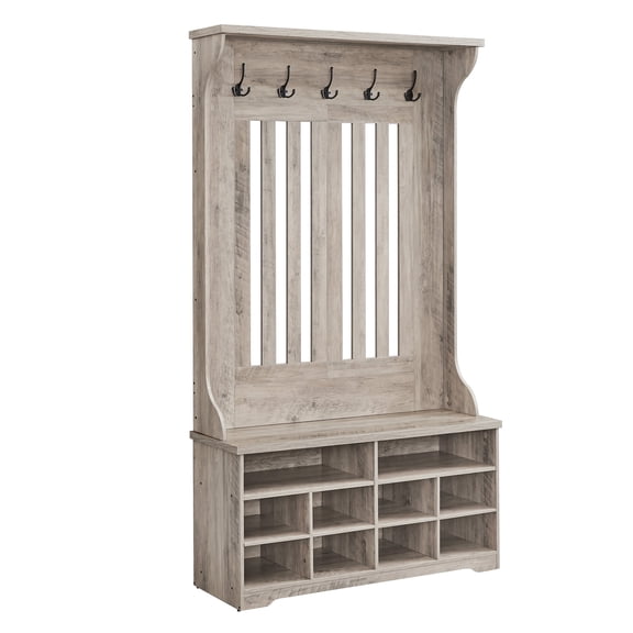 Hall Tree 39.4'' Wide with Bench and Shoe Storage and Hooks, for Mudroom Entryway Hallway, Adjustable Shelves, Greige