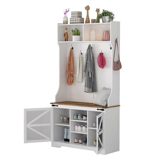 Hall Tree, 4-in-1 Coat Rack with 7 Shoe Cubbies & 7 Coat Hooks, Hall Tree with Bench and Shoe Storage for Hallway, Mudroom Bench, Entryway Furniture, 42" W x 15.7" D x 77" H, White