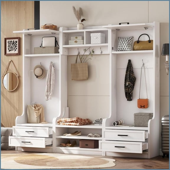 Hall Tree 4-in-1 Detachable with Storage, 4 Drawers, 7 Hooks & Shoe Bench | White | Particle Board+MDF