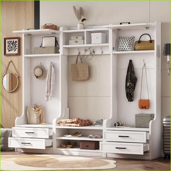 Hall Tree 4-in-1 Detachable with Storage, 7 Hooks & Shoe Bench - Beige Entryway Organizer | Beige | Particle Board+MDF