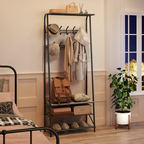 Hall Tree 4-In-1 Entryway Coat Rack with 5 Hooks and Shoe Storage Bench