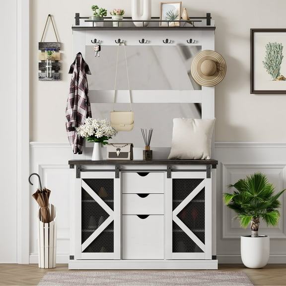 Hall Tree, 77 Inch Entryway Furniture with Shoe Storage Cubbies and Coat Rack, Mudroom Storage Cabinet with 3 Drawers and 2 Mirrors, 7 Coat Hooks and Sliding Barn Doors Included