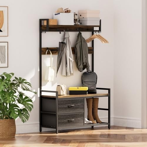 Hall Tree with Bench, 5-in-1 Coat Rack with Shoe Storage and 2 Movable Drawers, Entryway Bench with Hooks& Hanging Rod for Front Door, 250lbs Capacity, Easy Assembly