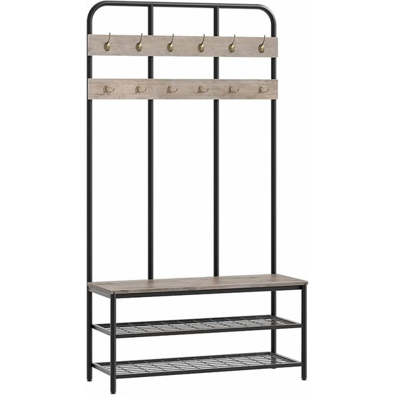 Hall Tree with Bench, Entryway Bench with Coat Rack, Mud Room Rack with 12 Double Hooks and Shoe Storage, Coat Tree, Shoe Rack Organizer, for Foyer, Front Door, Rustic Brown BF05MT01