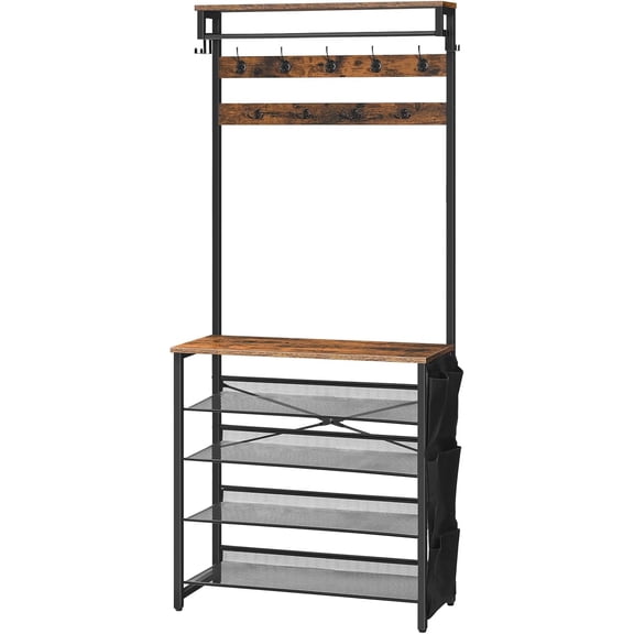 Hall Tree with Bench, Entryway Coat Rack with Shoe Rack, Shoe and Coat Rack, 5 Tier Shoe Storage Organizer with Oxford Fabric Side Pockets, Adjustable Mesh Shelves, Rustic Brown BF75MT01