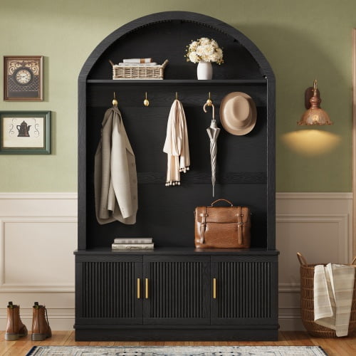 Hall Tree with Bench, Farmhouse Arched Top Entryway Storage Rack with 5 Metal Hooks & Adjustable Shelves, Fluted Door Cabinet Mudroom Furniture for Hallway, Black