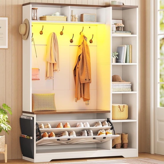 Hall Tree with Bench, Farmhouse Hall Tree with Coat Rack & 7 Open Shelves, Entryway Bench with Storage, Shoe Cabinet with Flip Drawers, Wood Hall Tree with Storage Bag for Living Room, White