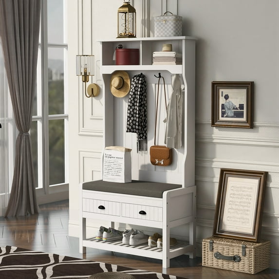 Hall Tree with Bench and Shoe Rack, 3 In 1 Entryway Bench with Coat Rack and 2 Drawers, Mudroom Bench with Upholstered and 4 Hooks, Entryway Furniture for Hallway (White, 33.5"L x 16.5"W x 68.9"H)