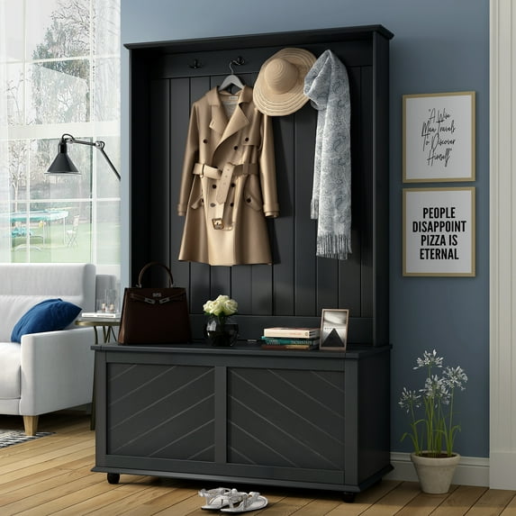 Hall Tree with Bench and Shoe Storage, 3 in 1 Entryway Bench with Coat Rack, Mudroom Bench with Storage and 4 Double Hooks, Entryway Furniture for Hallway (Black, 31.5" L x 16.5" W x 69" H)