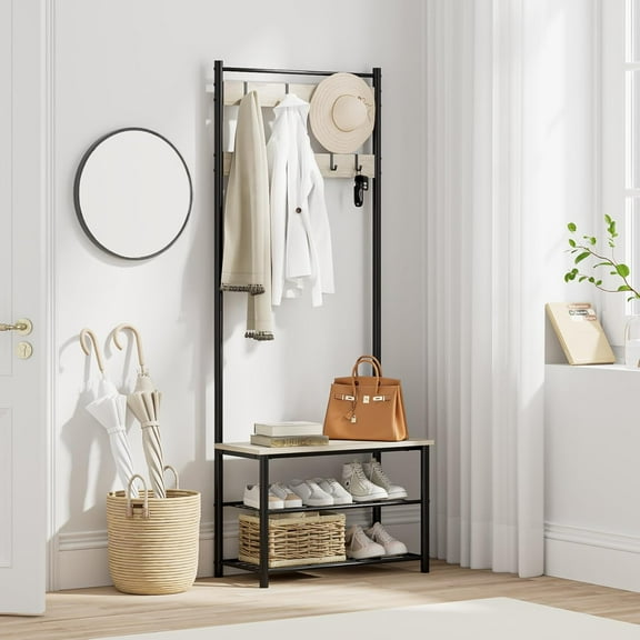 Hall Tree with Bench and Shoe Storage, 3-in-1 Coat Rack Shoe Bench, Freestanding Wooden Coat Rack with Metal Frame, Storage Shelf and  Removable Hooks