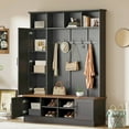 thumbnail image 1 of Hall Tree with Bench and Shoe Storage, 3-in-1 Hall Tree with Coat Rack, Adjustable Shoe Storage, 6 Hooks, 3 Cabinets, 4 Open Compartments, for Hallway, Entryway, Bedroom, Black, 1 of 6