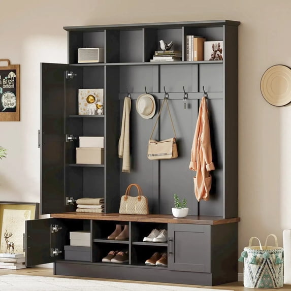 Hall Tree with Bench and Shoe Storage, 3-in-1 Hall Tree with Coat Rack, Adjustable Shoe Storage, 6 Hooks, 3 Cabinets, 4 Open Compartments, for Hallway, Entryway, Bedroom, Black