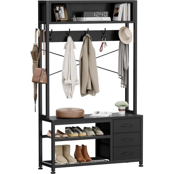 Hall Tree with Bench and Shoe Storage, 31.5" Coat Rack Freestanding with 2-Tier Storage Shelf, 6-in-1 Entryway Bench Coat Rack with 12 Hooks and 3 Drawers(Black)