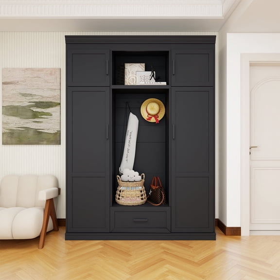 Hall Tree with Bench and Shoe Storage,4 Doors & 1 Drawer,3 Hooks,Coat Rack with Shoe Bench,Adjustable Shoe Storage,Modern Entryway Storage Organizer Cabinet,Entryway,Farmfouse Style,Black