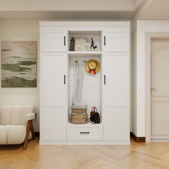 Hall Tree with Bench and Shoe Storage,4 Doors & 1 Drawer,3 Hooks,Coat Rack with Shoe Bench,Adjustable Shoe Storage,Modern Entryway Storage Organizer Cabinet,Entryway,Farmfouse Style,White