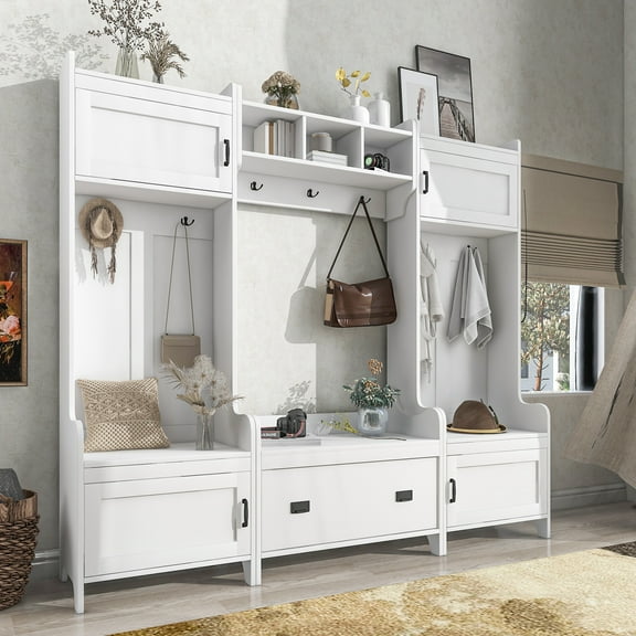 Hall Tree with Bench and Shoe Storage, 4 In 1 Entryway Bench with Coat Rack and 4 Cabinet, Mudroom Bench with 7 Double Hooks, 2 Open Shelves and 1 Drawer Entryway (White, 78.7"L x 15"W x 72"H)