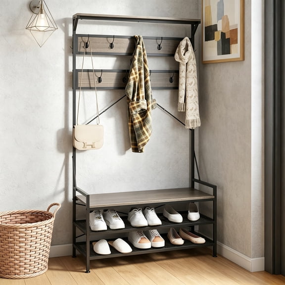 Hall Tree with Bench and Shoe Storage, 4-in-1 Coat and Shoe Rack Entryway with 11 Hanging Hooks, Heavy Duty Metal Frame, Industrial Entryway Bench with Coat Rack for Mudroom, Bedroom, Gray