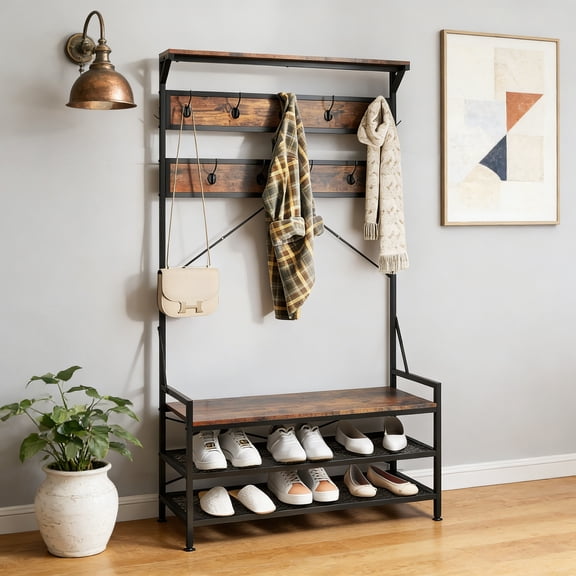 Hall Tree with Bench and Shoe Storage, 4-in-1 Coat and Shoe Rack Entryway with 11 Hanging Hooks, Heavy Duty Metal Frame, Industrial Entryway Bench with Coat Rack for Mudroom, Rustic Brown